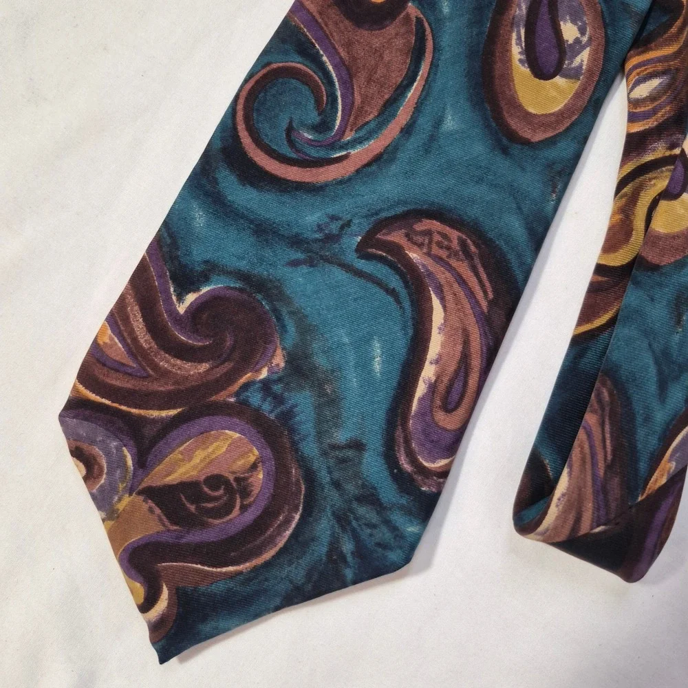 Liberty of London Tie Mens Teal Purple Gold Abstract Paisley Silk Necktie USA